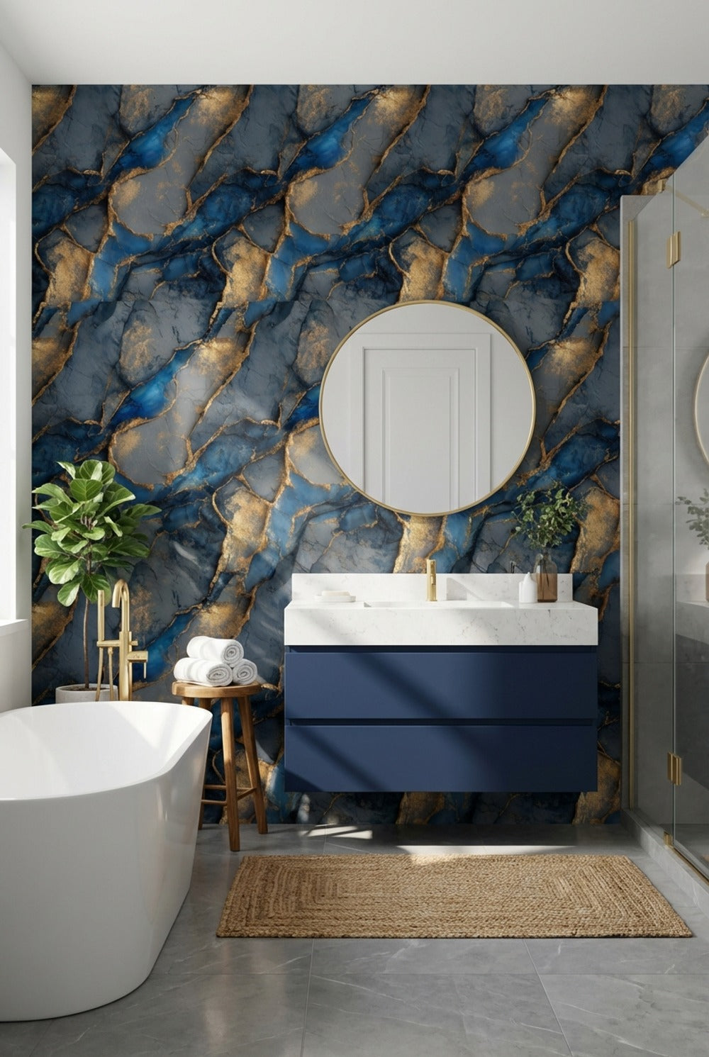 Mavi Altın Mermer Desenli Duvar Kağıdı Modern Salon
