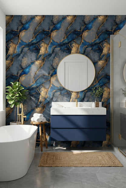 Mavi Altın Mermer Desenli Duvar Kağıdı Modern Salon