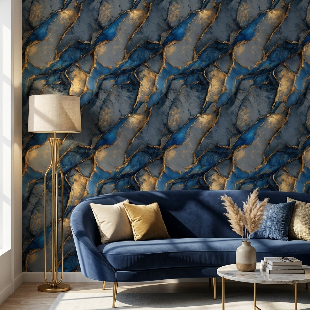 Mavi Altın Mermer Desenli Duvar Kağıdı Modern Salon