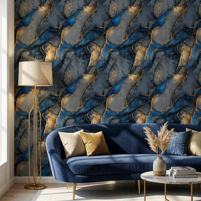 Mavi Altın Mermer Desenli Duvar Kağıdı Modern Salon