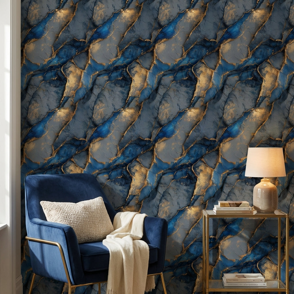 Mavi Altın Mermer Desenli Duvar Kağıdı Modern Salon