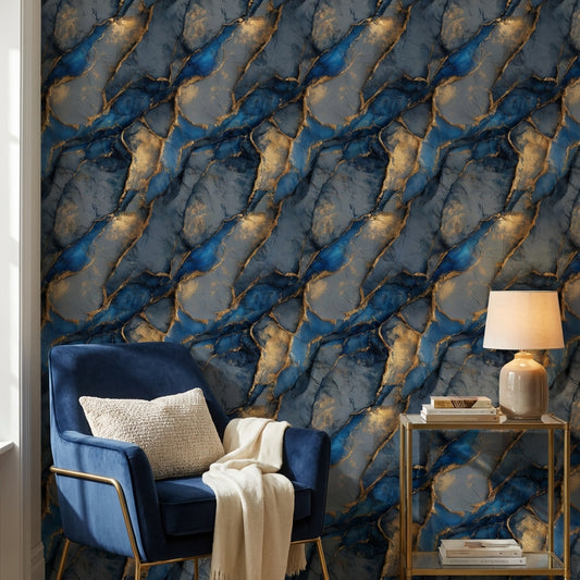 Mavi Altın Mermer Desenli Duvar Kağıdı Modern Salon