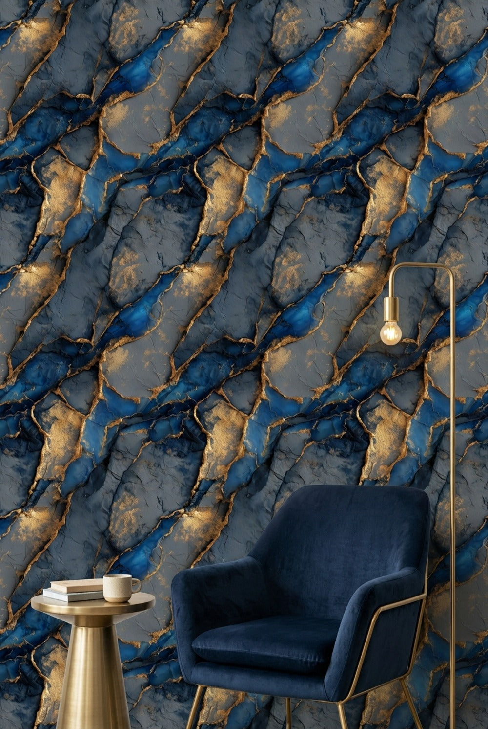 Mavi Altın Mermer Desenli Duvar Kağıdı Modern Salon