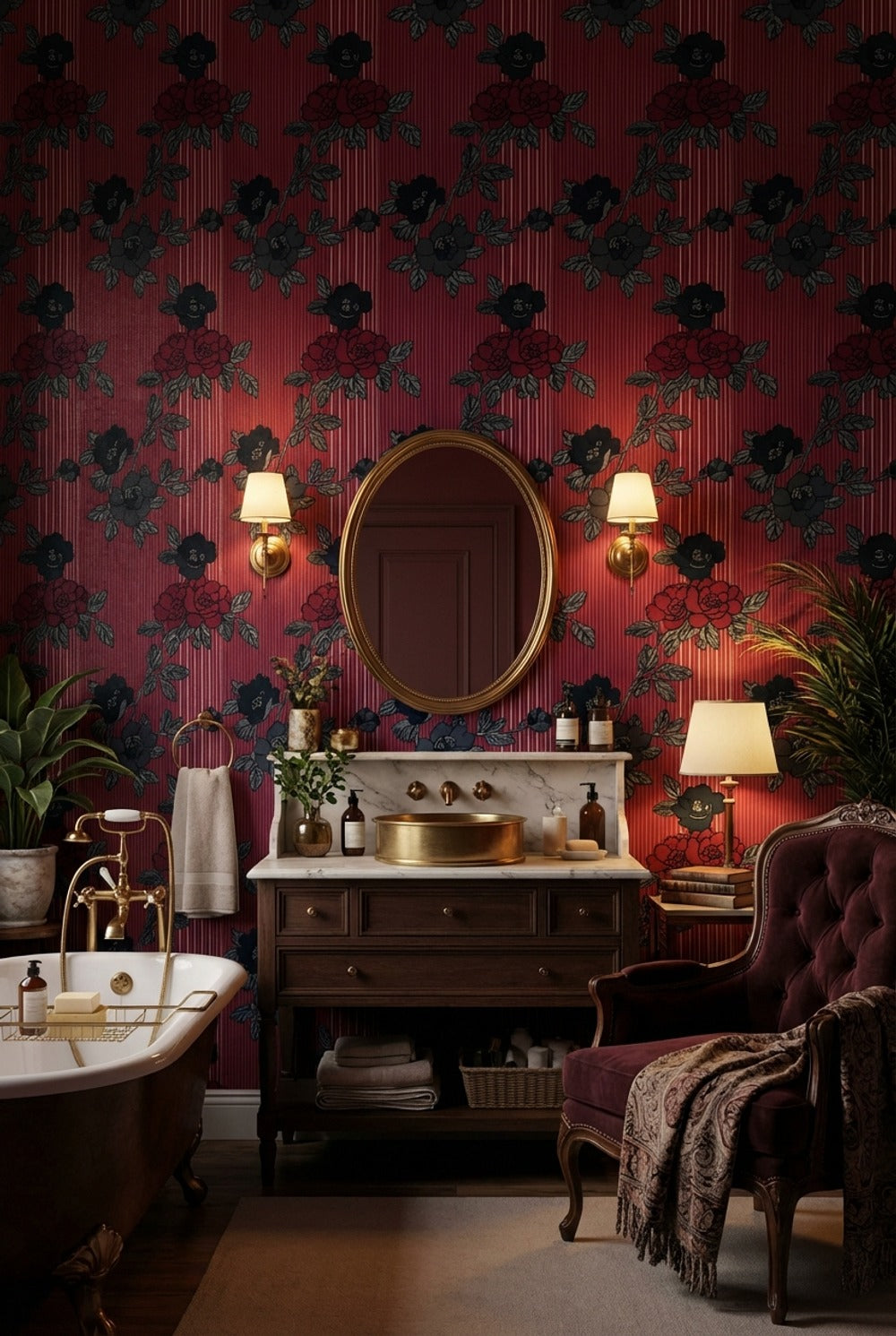 Bordo Gül Desenli Duvar Kağıdı Klasik Salon Dekoru
