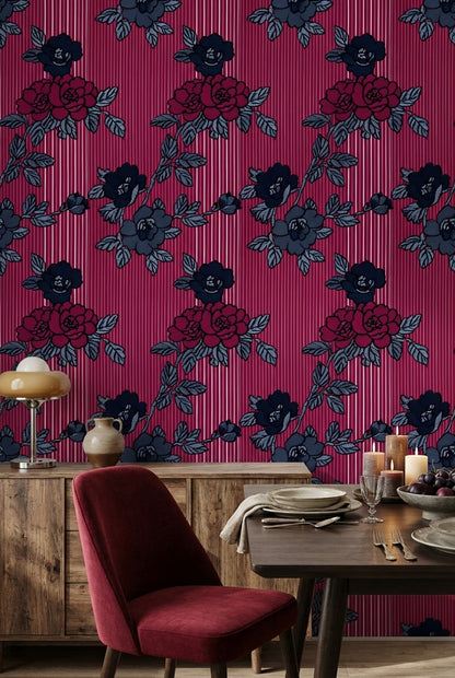 Bordo Gül Desenli Duvar Kağıdı Klasik Salon Dekoru