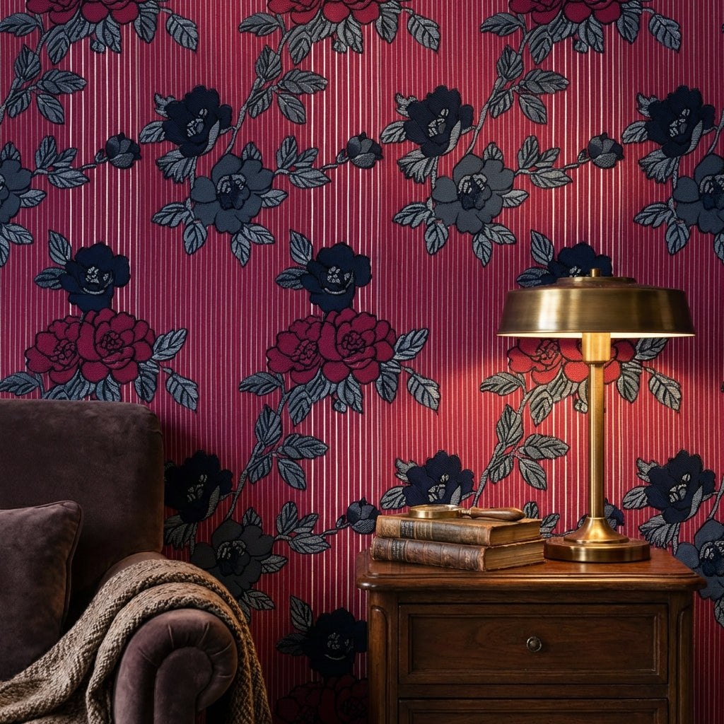 Bordo Gül Desenli Duvar Kağıdı Klasik Salon Dekoru