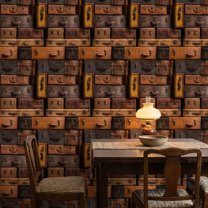 Vintage Bavul Desenli Duvar Kağıdı Kahverengi Retro Salon