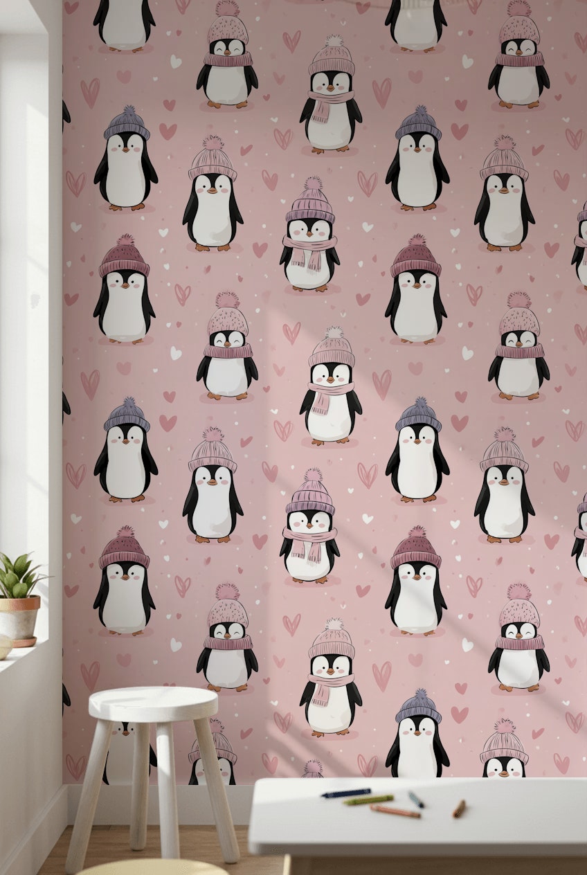 Kalpli Penguenli Duvar Kağıdı Pudra Pembe Çocuk Odası