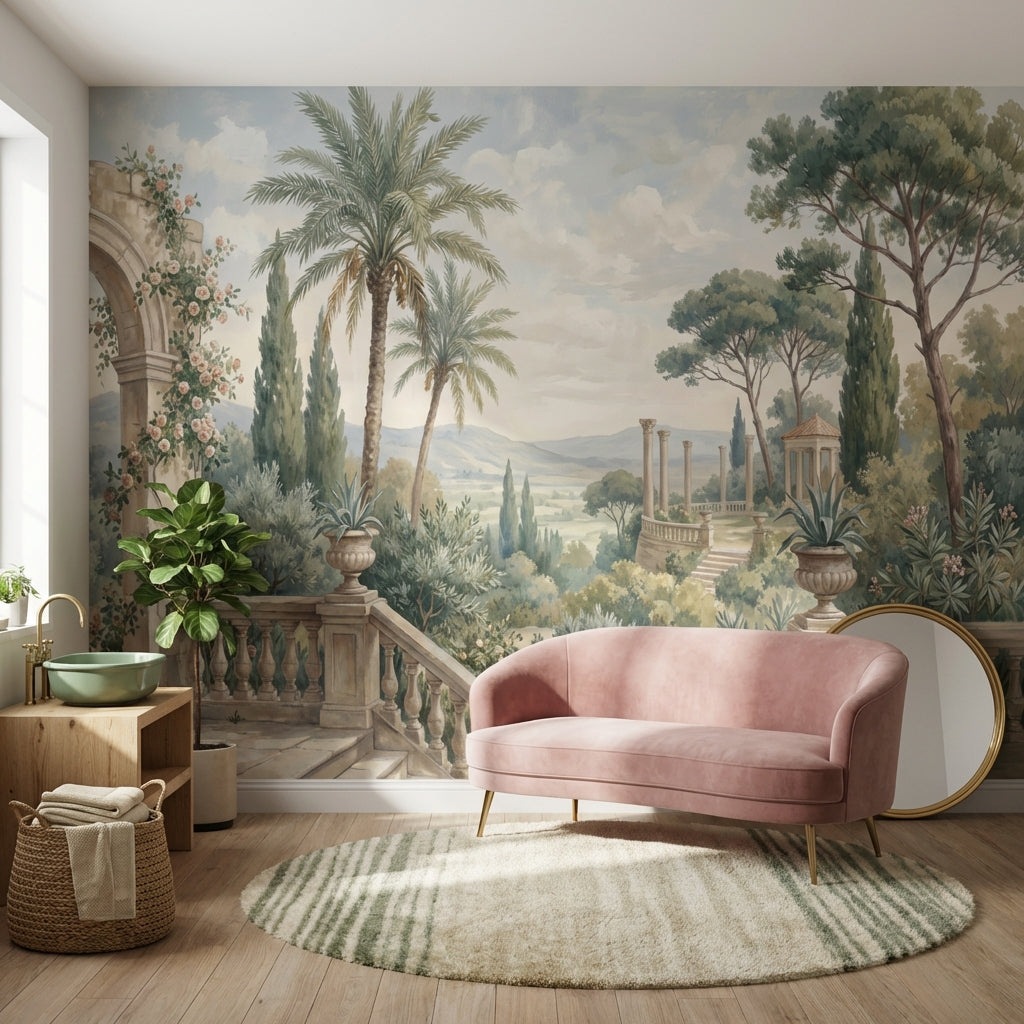 Akdeniz Bahçesi Manzaralı Poster Duvar Kağıdı Krem Yeşil Salon