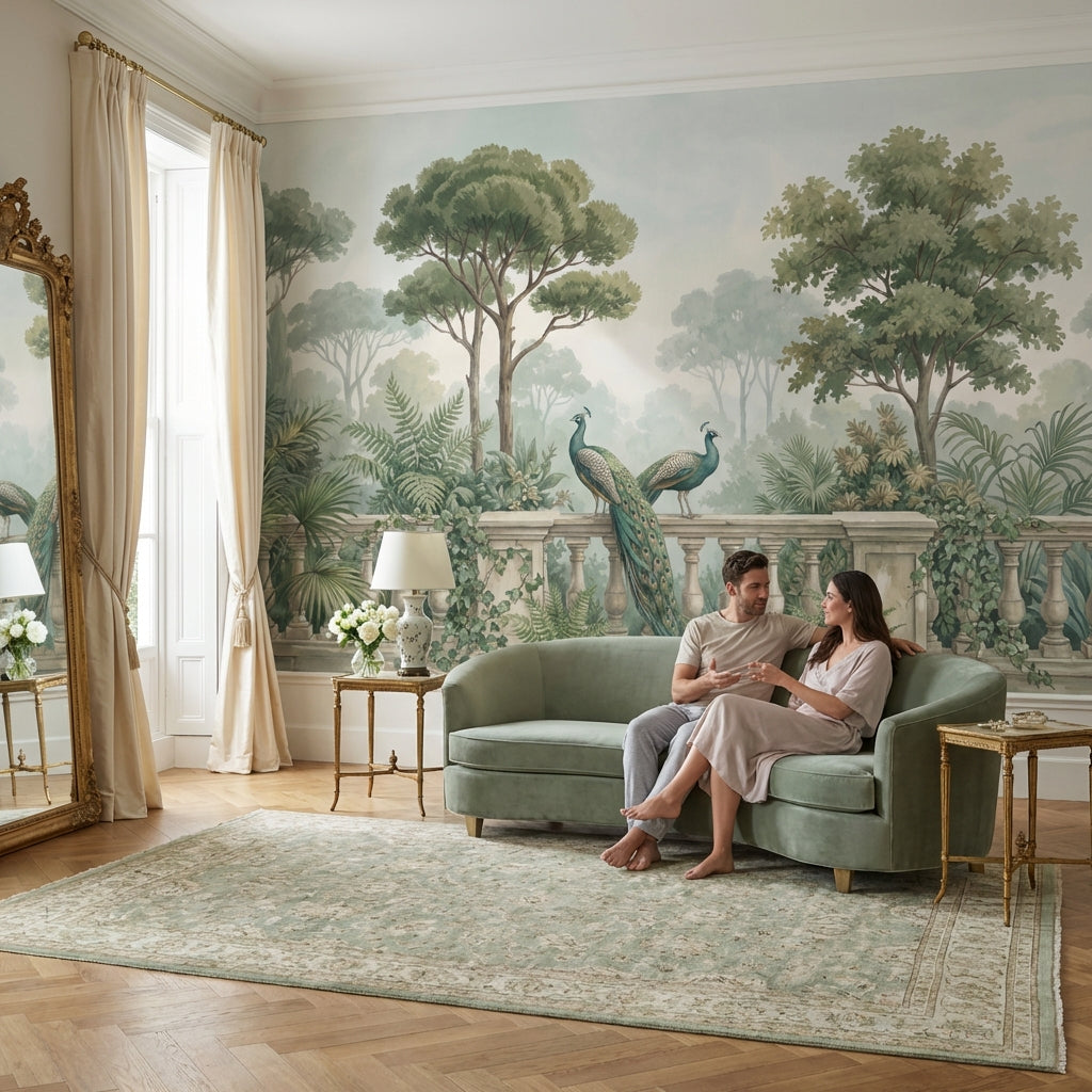 Tavus Kuşlu Orman Manzarası Poster Duvar Kağıdı Yeşil Salon