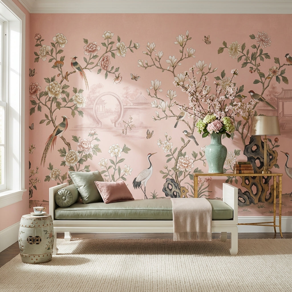 Çin Bahçesi Çiçekli Poster Duvar Kağıdı Pudra Pembe Salon