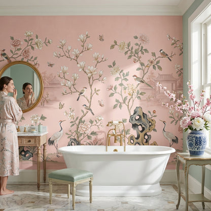 Çin Bahçesi Çiçekli Poster Duvar Kağıdı Pudra Pembe Salon