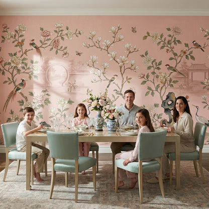 Çin Bahçesi Çiçekli Poster Duvar Kağıdı Pudra Pembe Salon