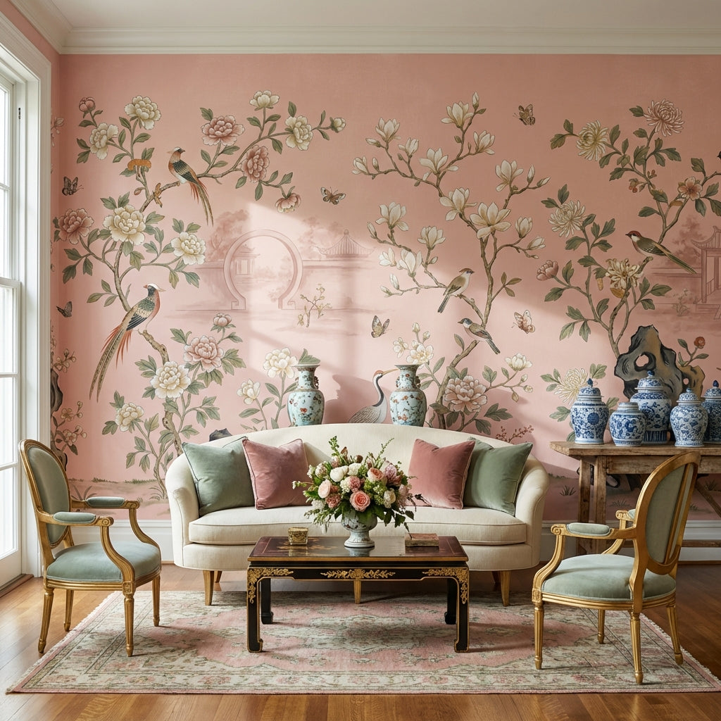 Çin Bahçesi Çiçekli Poster Duvar Kağıdı Pudra Pembe Salon