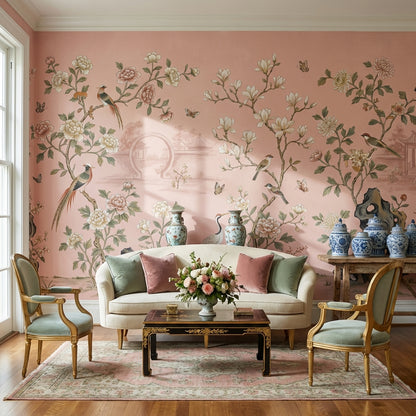 Çin Bahçesi Çiçekli Poster Duvar Kağıdı Pudra Pembe Salon