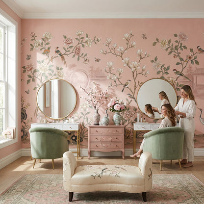 Çin Bahçesi Çiçekli Poster Duvar Kağıdı Pudra Pembe Salon