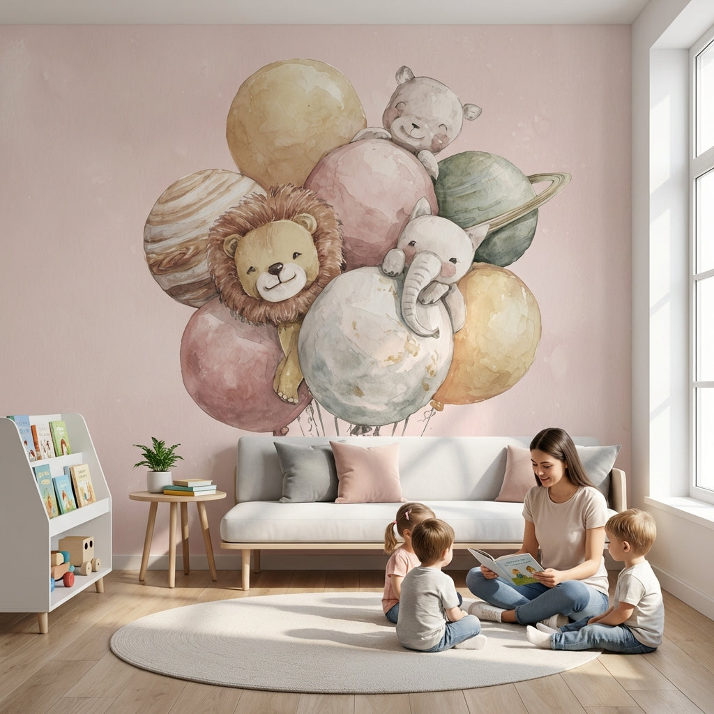 Balonlu Sevimli Hayvanlar Poster Duvar Kağıdı Pudra Çocuk Odası