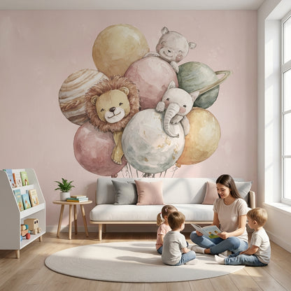 Balonlu Sevimli Hayvanlar Poster Duvar Kağıdı Pudra Çocuk Odası