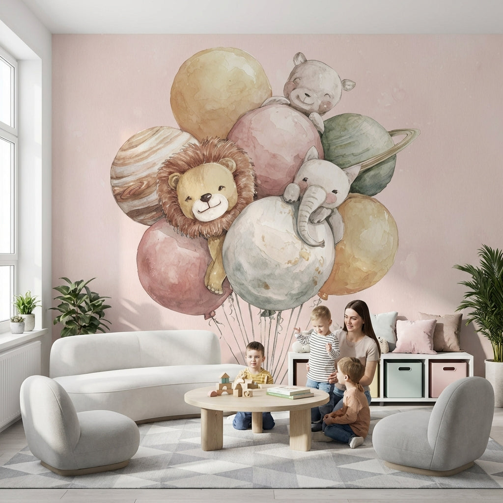 Balonlu Sevimli Hayvanlar Poster Duvar Kağıdı Pudra Çocuk Odası
