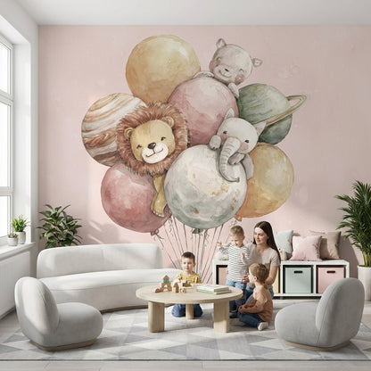 Balonlu Sevimli Hayvanlar Poster Duvar Kağıdı Pudra Çocuk Odası