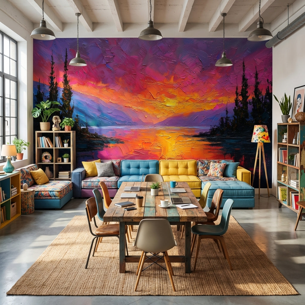Gün Batımı Manzaralı Poster Duvar Kağıdı Renkli Modern Salon