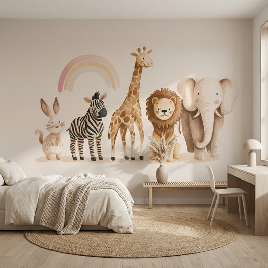 Safari Hayvanlı Poster Duvar Kağıdı Pastel Çocuk Odası Desenli