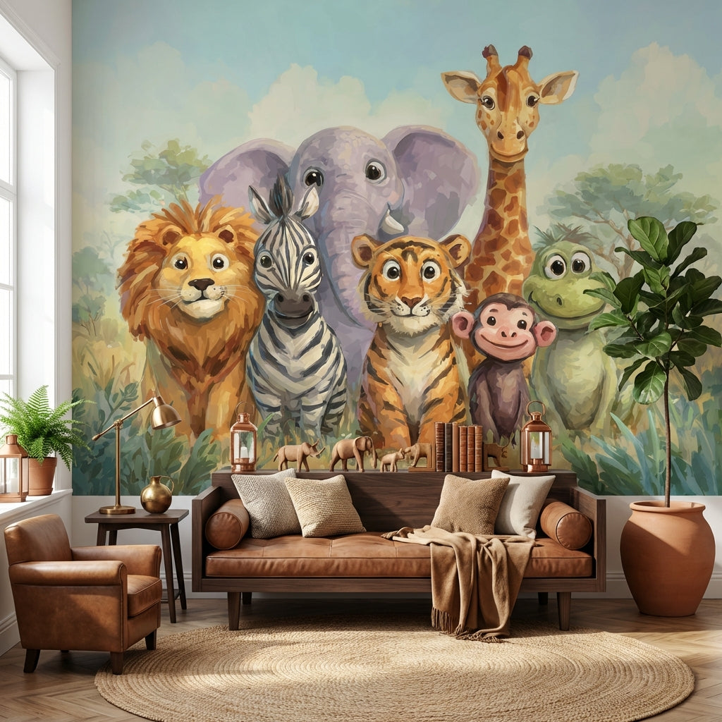 Safari Hayvanlı Poster Duvar Kağıdı Çocuk Odası Renkli İllüstrasyon