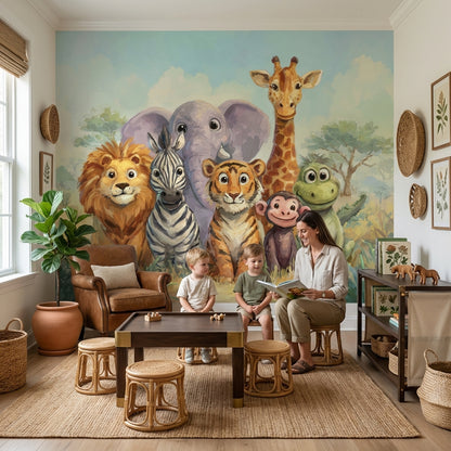 Safari Hayvanlı Poster Duvar Kağıdı Çocuk Odası Renkli İllüstrasyon