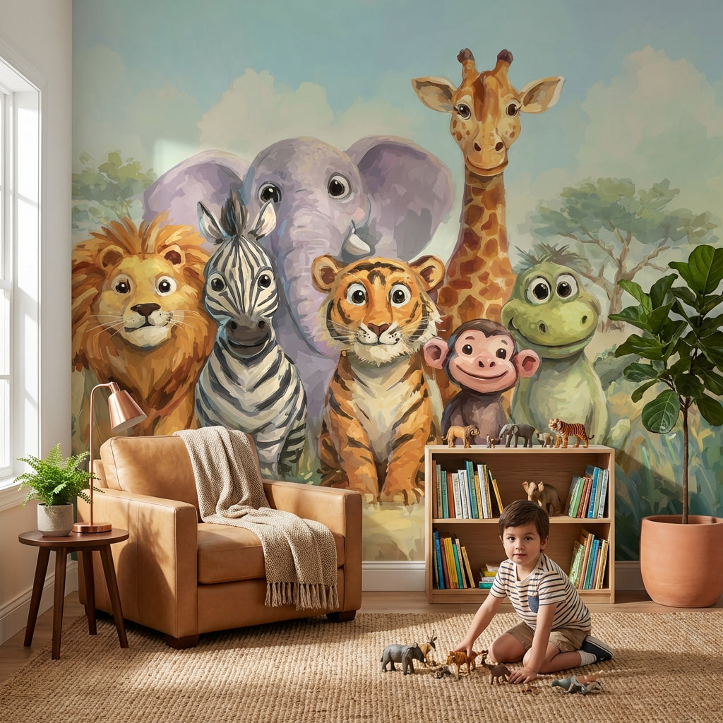 Safari Hayvanlı Poster Duvar Kağıdı Çocuk Odası Renkli İllüstrasyon
