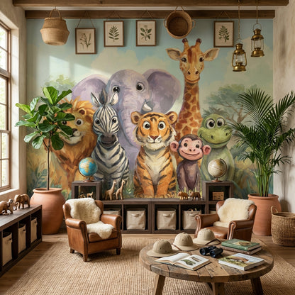 Safari Hayvanlı Poster Duvar Kağıdı Çocuk Odası Renkli İllüstrasyon
