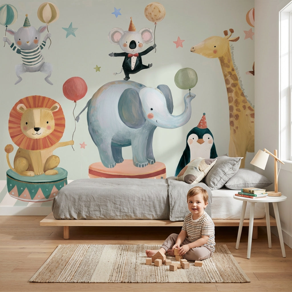 Sirk Hayvanları Poster Duvar Kağıdı Pastel Çocuk Odası Desenli