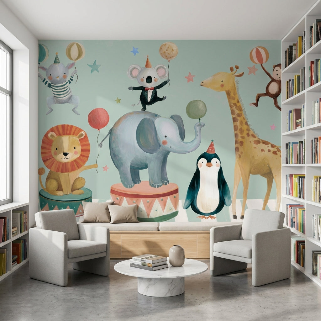 Sirk Hayvanları Poster Duvar Kağıdı Pastel Çocuk Odası Desenli