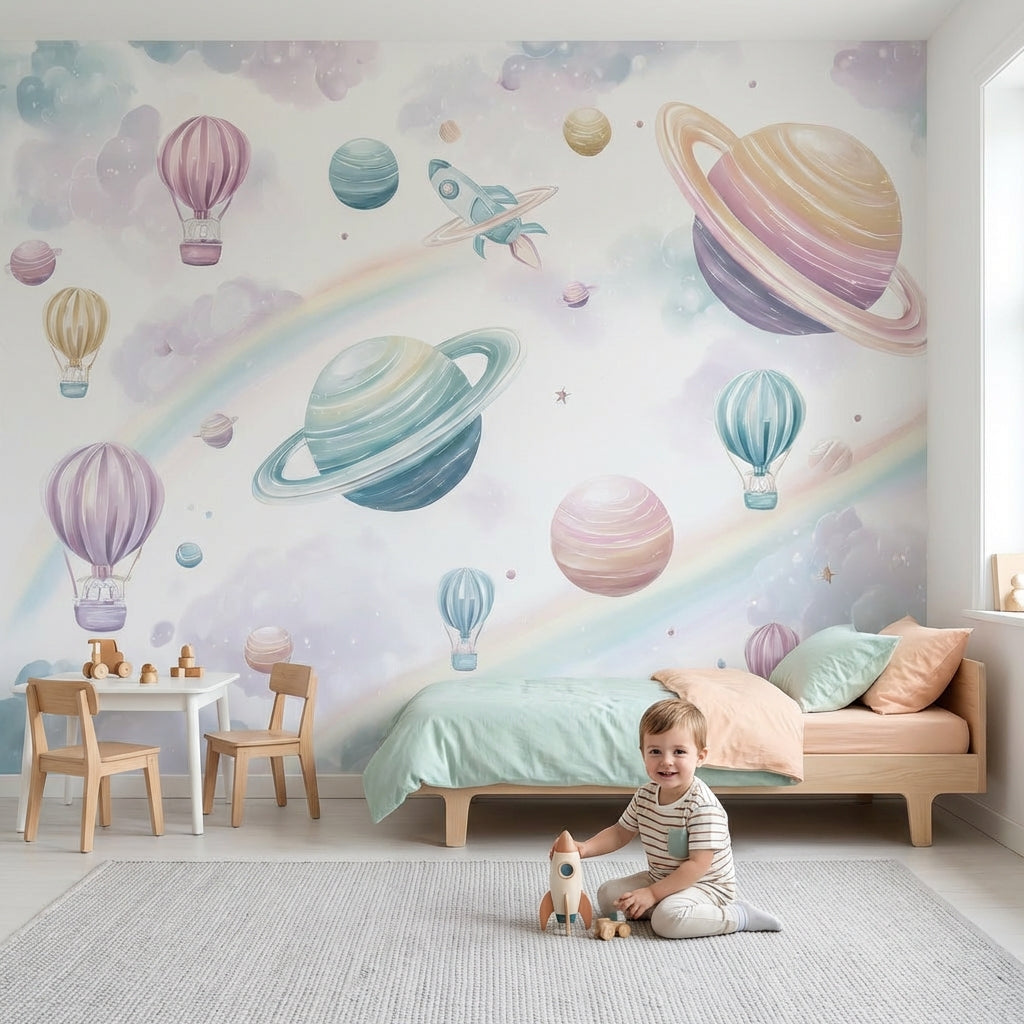 Uzay Temalı Poster Duvar Kağıdı Pastel Gezegenli Çocuk Odası