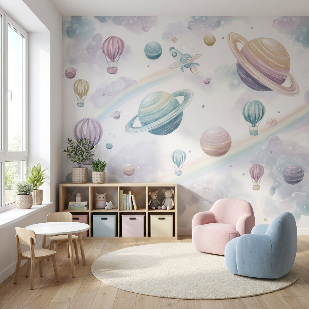 Uzay Temalı Poster Duvar Kağıdı Pastel Gezegenli Çocuk Odası