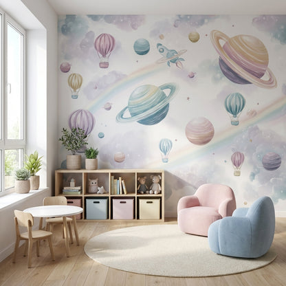 Uzay Temalı Poster Duvar Kağıdı Pastel Gezegenli Çocuk Odası