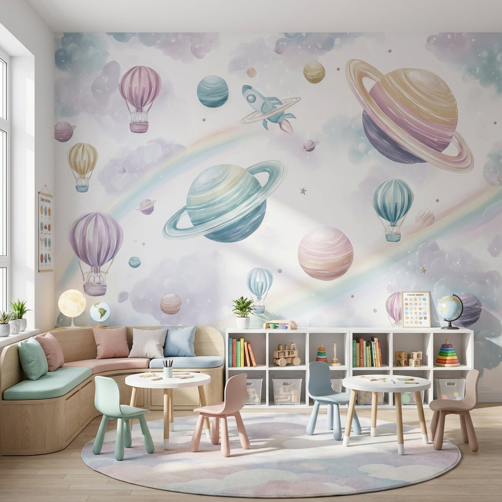 Uzay Temalı Poster Duvar Kağıdı Pastel Gezegenli Çocuk Odası