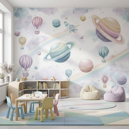 Uzay Temalı Poster Duvar Kağıdı Pastel Gezegenli Çocuk Odası