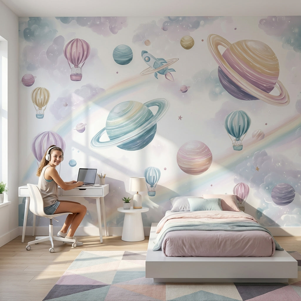 Uzay Temalı Poster Duvar Kağıdı Pastel Gezegenli Çocuk Odası