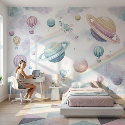 Uzay Temalı Poster Duvar Kağıdı Pastel Gezegenli Çocuk Odası