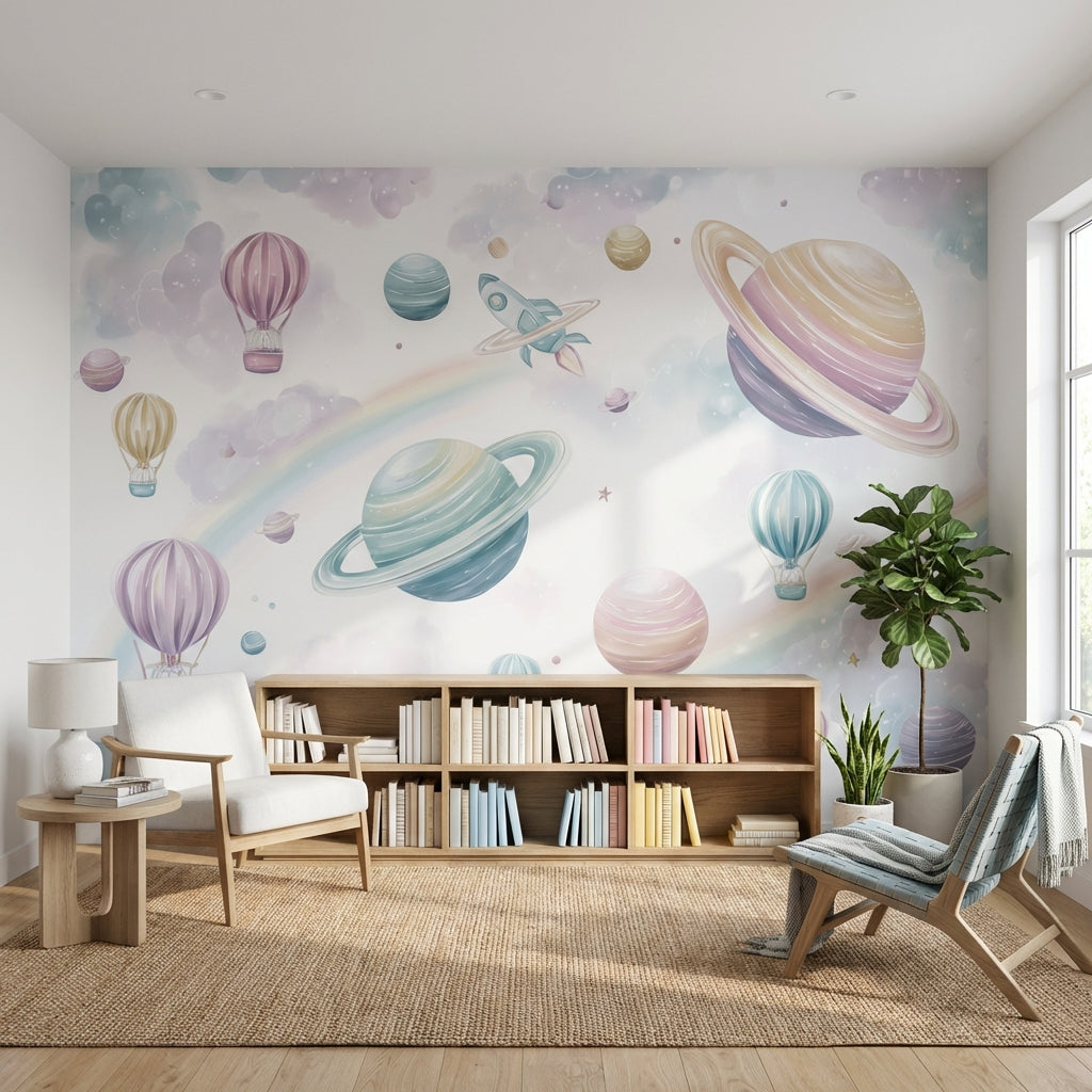 Uzay Temalı Poster Duvar Kağıdı Pastel Gezegenli Çocuk Odası
