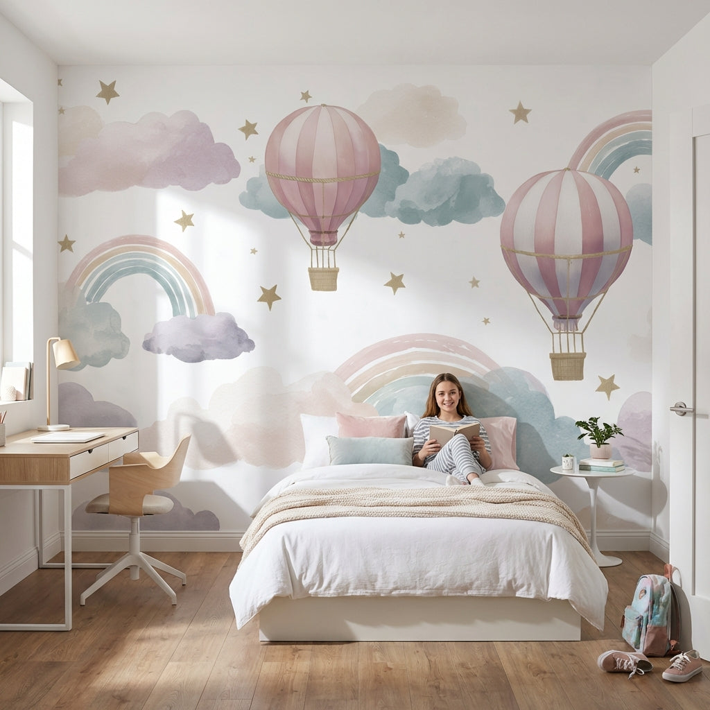 Pastel Sıcak Hava Balonlu Poster Duvar Kağıdı Çocuk Odası Deseni