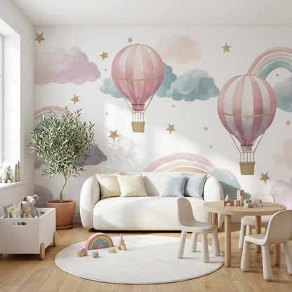 Pastel Sıcak Hava Balonlu Poster Duvar Kağıdı Çocuk Odası Deseni