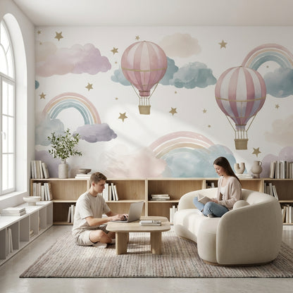 Pastel Sıcak Hava Balonlu Poster Duvar Kağıdı Çocuk Odası Deseni
