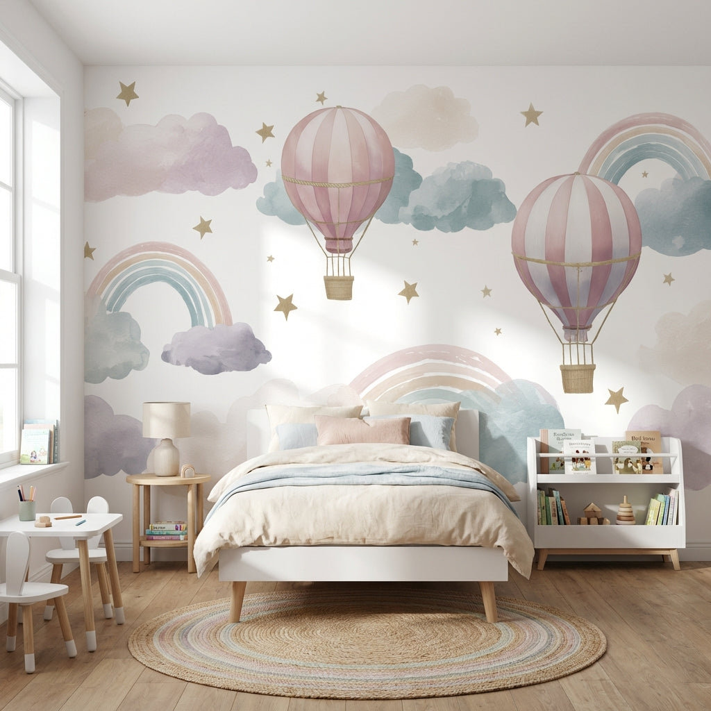 Pastel Sıcak Hava Balonlu Poster Duvar Kağıdı Çocuk Odası Deseni