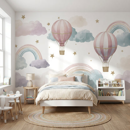 Pastel Sıcak Hava Balonlu Poster Duvar Kağıdı Çocuk Odası Deseni