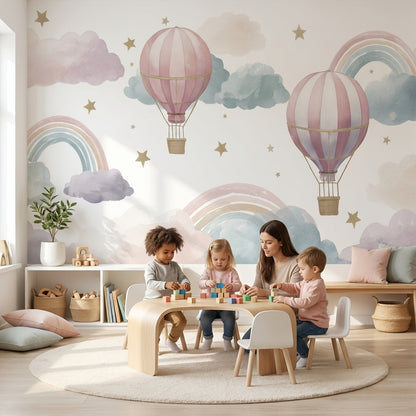 Pastel Sıcak Hava Balonlu Poster Duvar Kağıdı Çocuk Odası Deseni