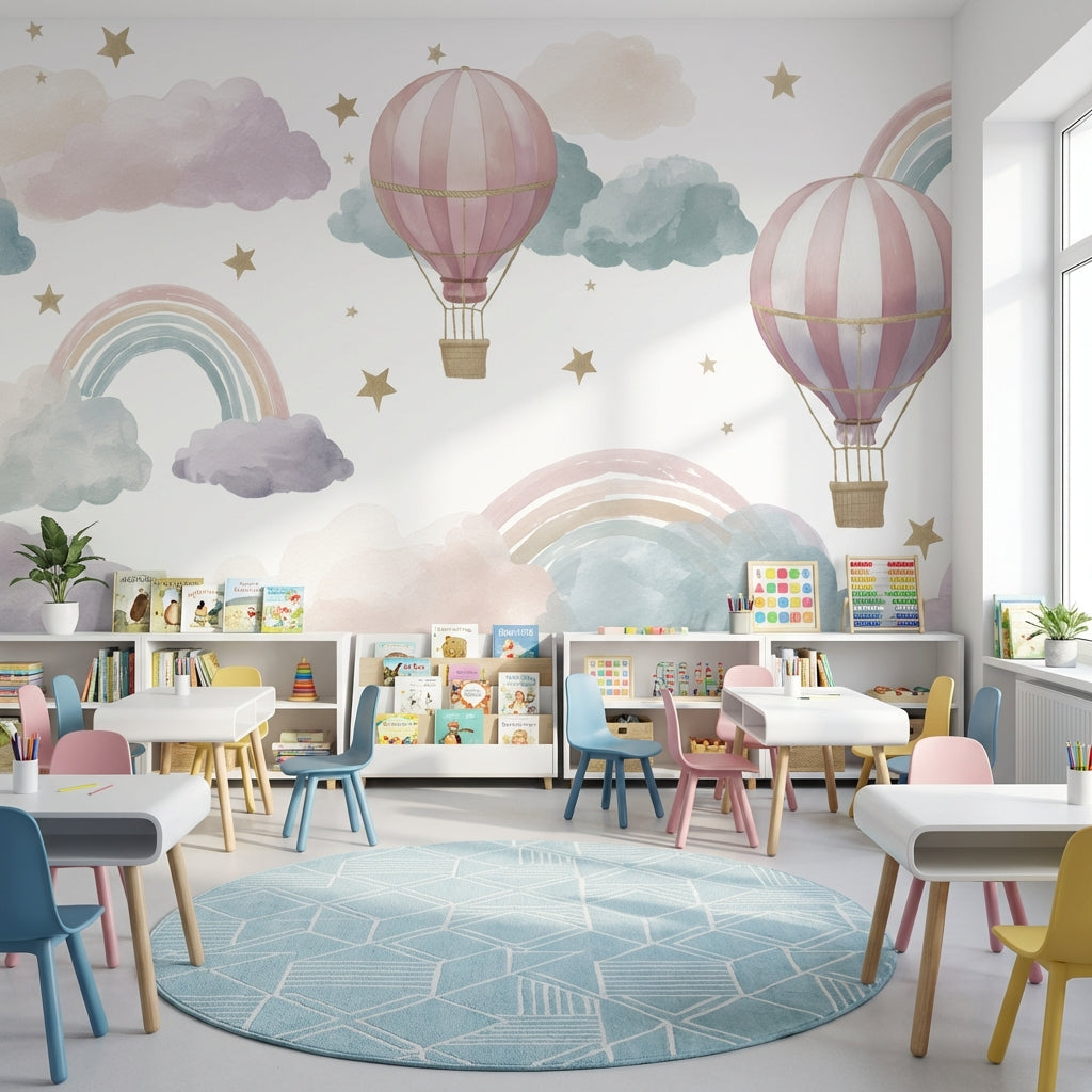 Pastel Sıcak Hava Balonlu Poster Duvar Kağıdı Çocuk Odası Deseni