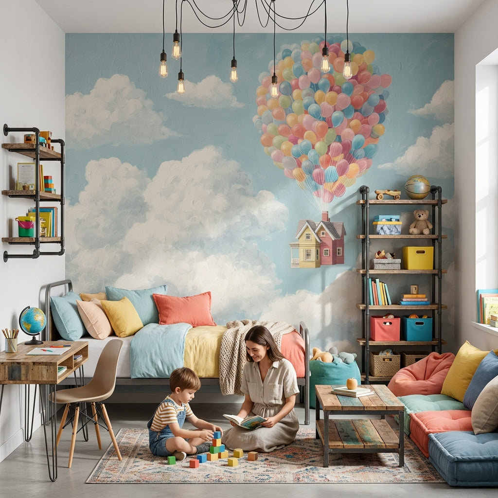 Balonlu Ev ve Bulutlar Poster Duvar Kağıdı Çocuk Odası