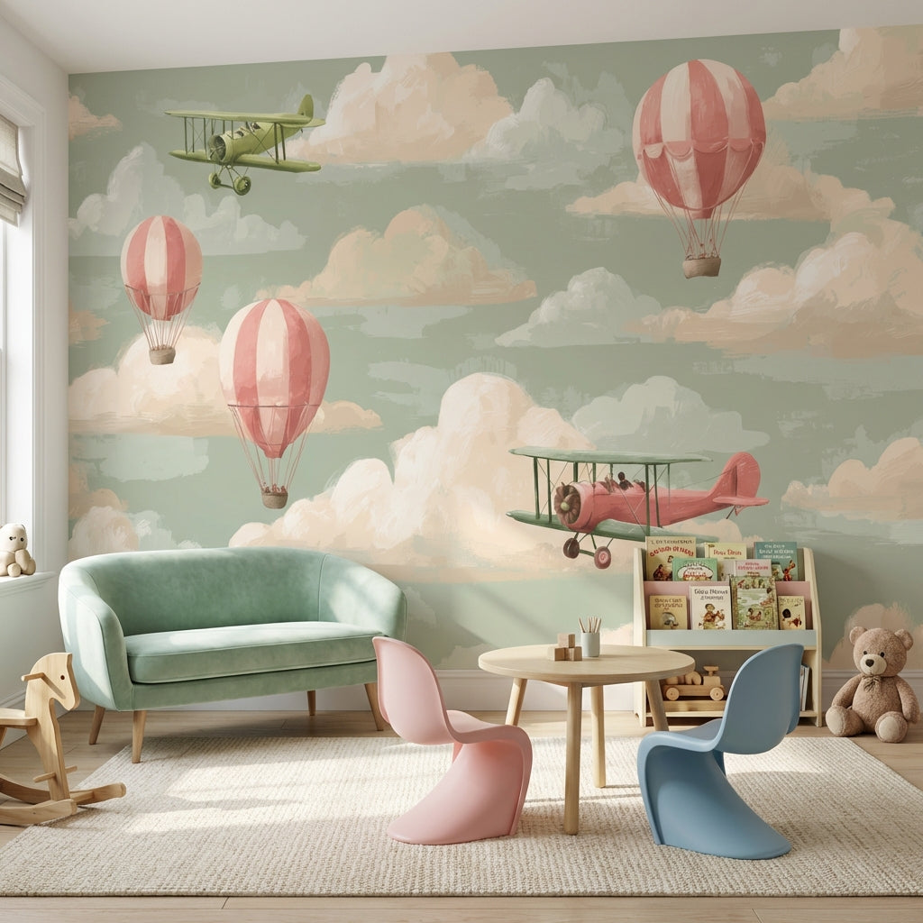 Sıcak Hava Balonlu Poster Duvar Kağıdı Pastel Yeşil Çocuk Odası