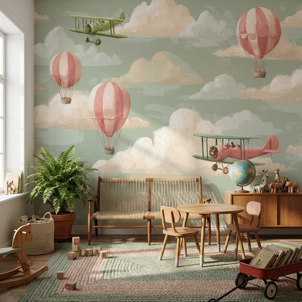 Sıcak Hava Balonlu Poster Duvar Kağıdı Pastel Yeşil Çocuk Odası